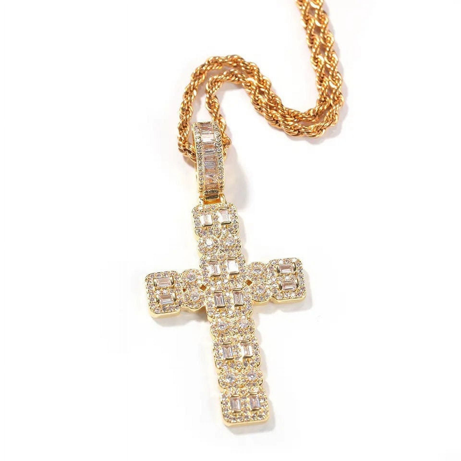 14K Gold Over Finish Simulated Diamond Iced Out Baguette Hip Hop Holy Cross Religious God Jesus Custom Charm Pendant Necklace, Gift for him