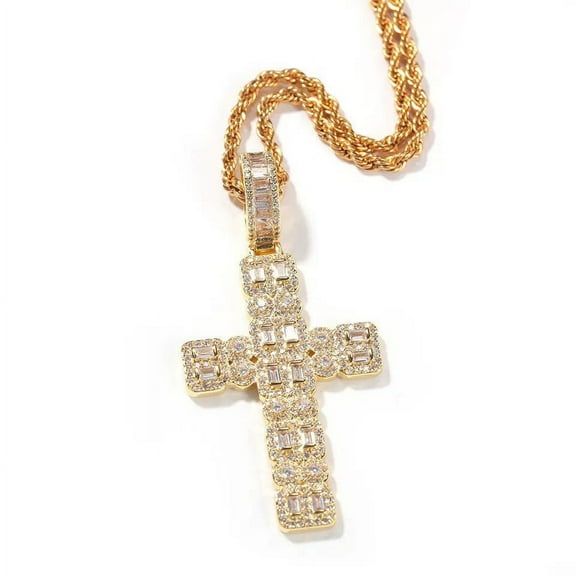 14K Gold Over Finish Simulated Diamond Iced Out Baguette Hip Hop Holy Cross Religious God Jesus Custom Charm Pendant Necklace, Gift for him