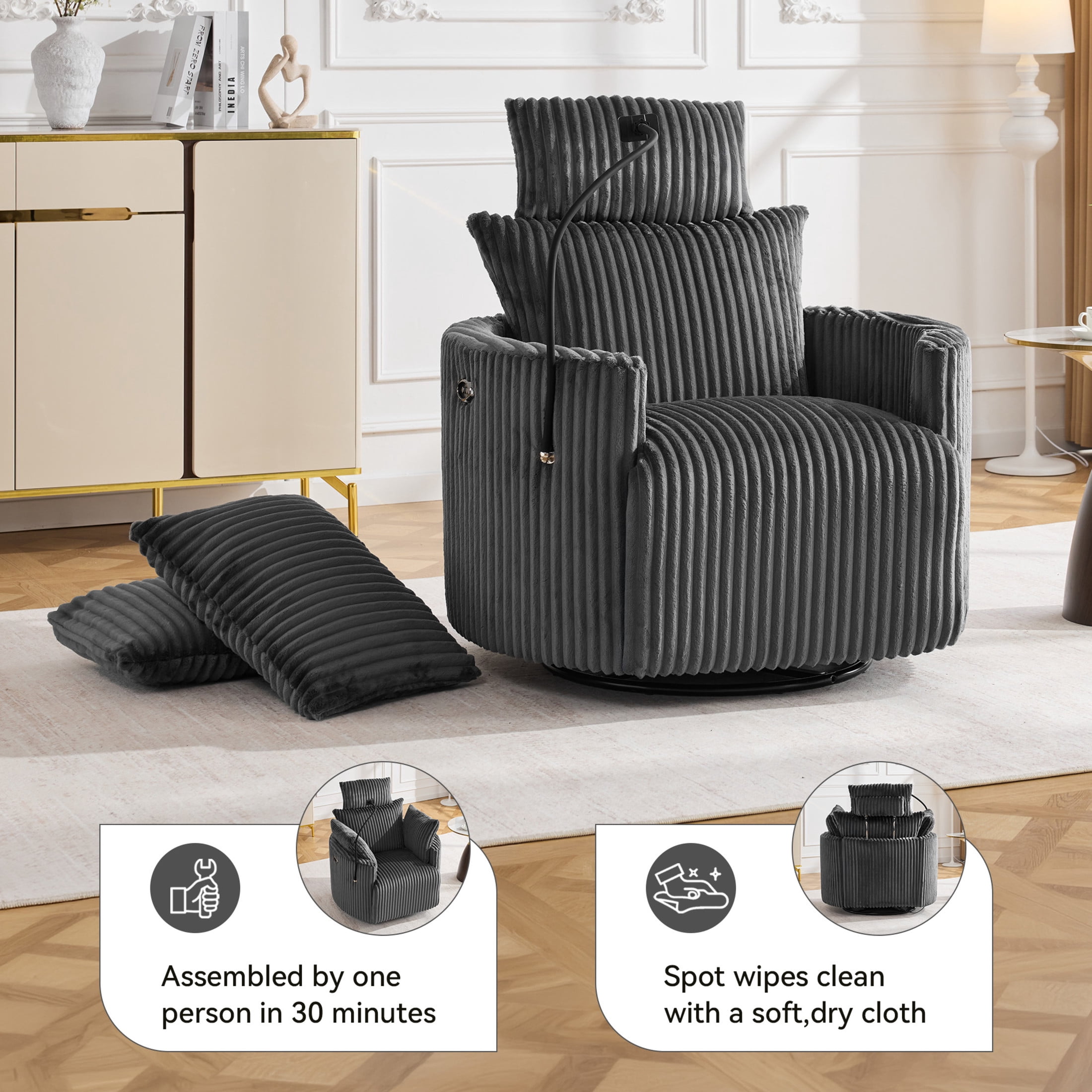 Noble House Sigrid 210° Swivel Rocking Recliner Chair, Electric Power Adjustable Corduroy Armchair with USB, Gray