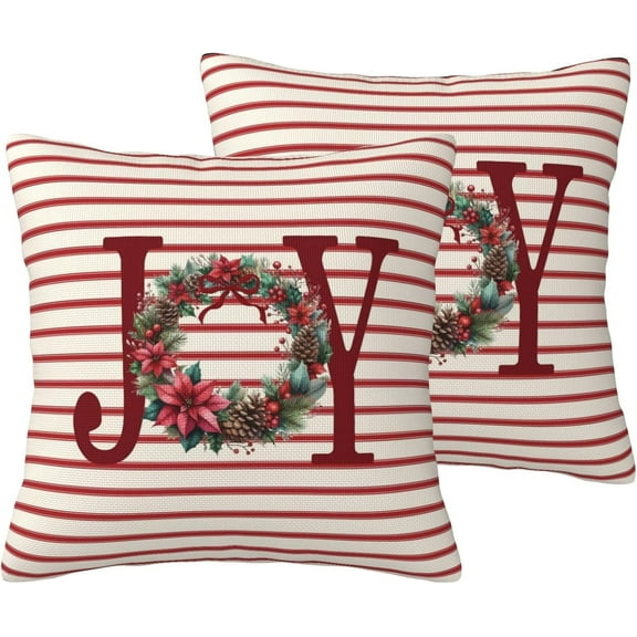 Joy Stripes Throw Pillow Covers 20x20 Inch Set of 2, Merry Christmas Wreath Joy Pillow Cases Xmas Holiday Red Stripes Pillowcase Home Decorative Cushion Covers for Sofa Couch Bed Living Room