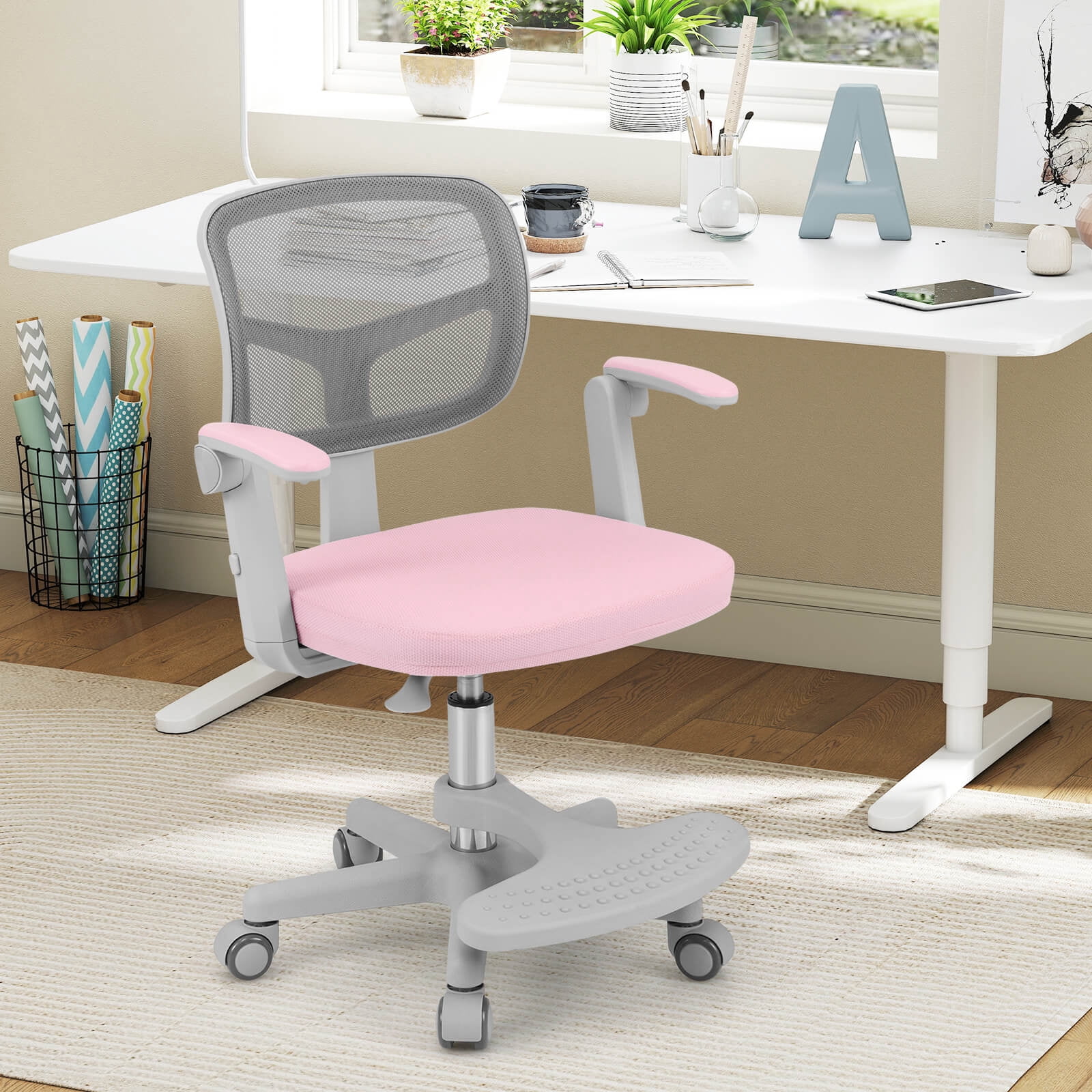 Costway Kids Desk Chair Children Study Chair with Adjustable Height, Armrest & Footrest Pink