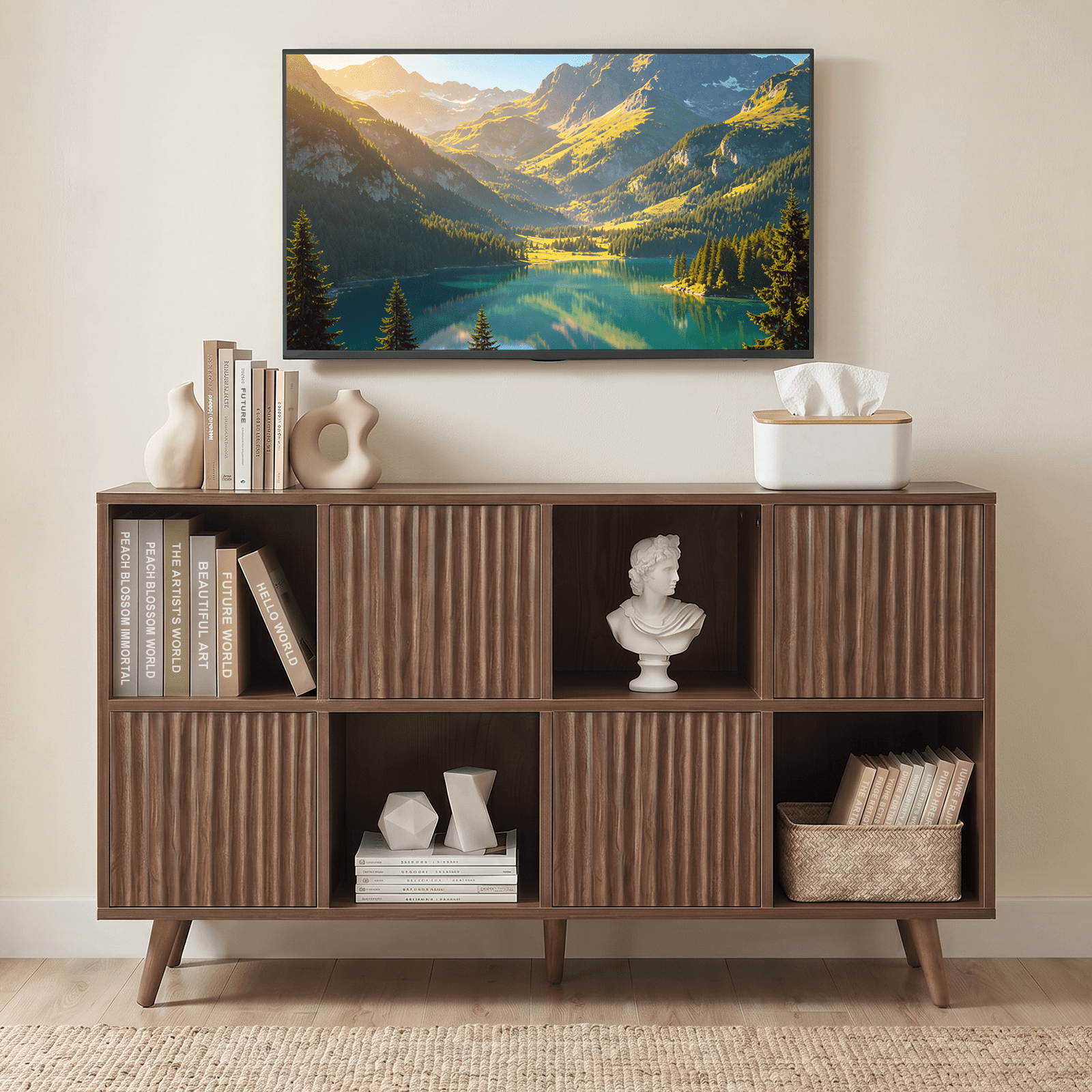 8 Cube Storage Organizer, Bookcase Storage Cabinet with 4 Doors, Freestanding Cube Shelf Organizer for Books Decor in Living Room Bedroom Office, Walnut