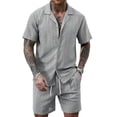thumbnail image 2 of Maqroz Mens 2 Piece Outfits Short Sleeve Button Down Top & Shorts Hollow Out Breathable Knit Set Fashion Casual Textured Summer Streetwear, 2 of 6