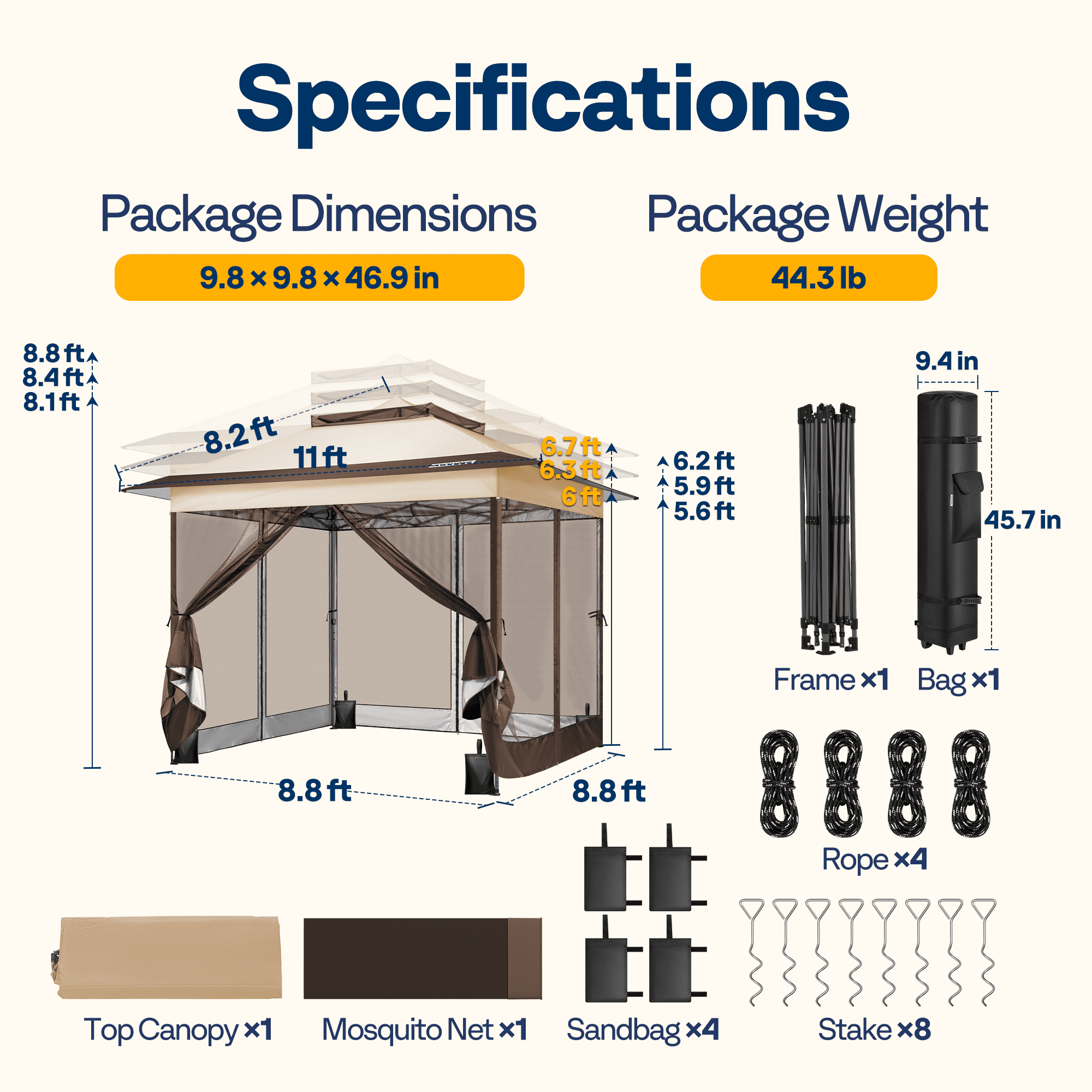 SPECSTAR Pop Up Gazebo 11x11ft Outdoor Canopy Tent with Mosquito Netting, 2 Tiers Roof and Center Lock for Patio Garden Backyard, Beige