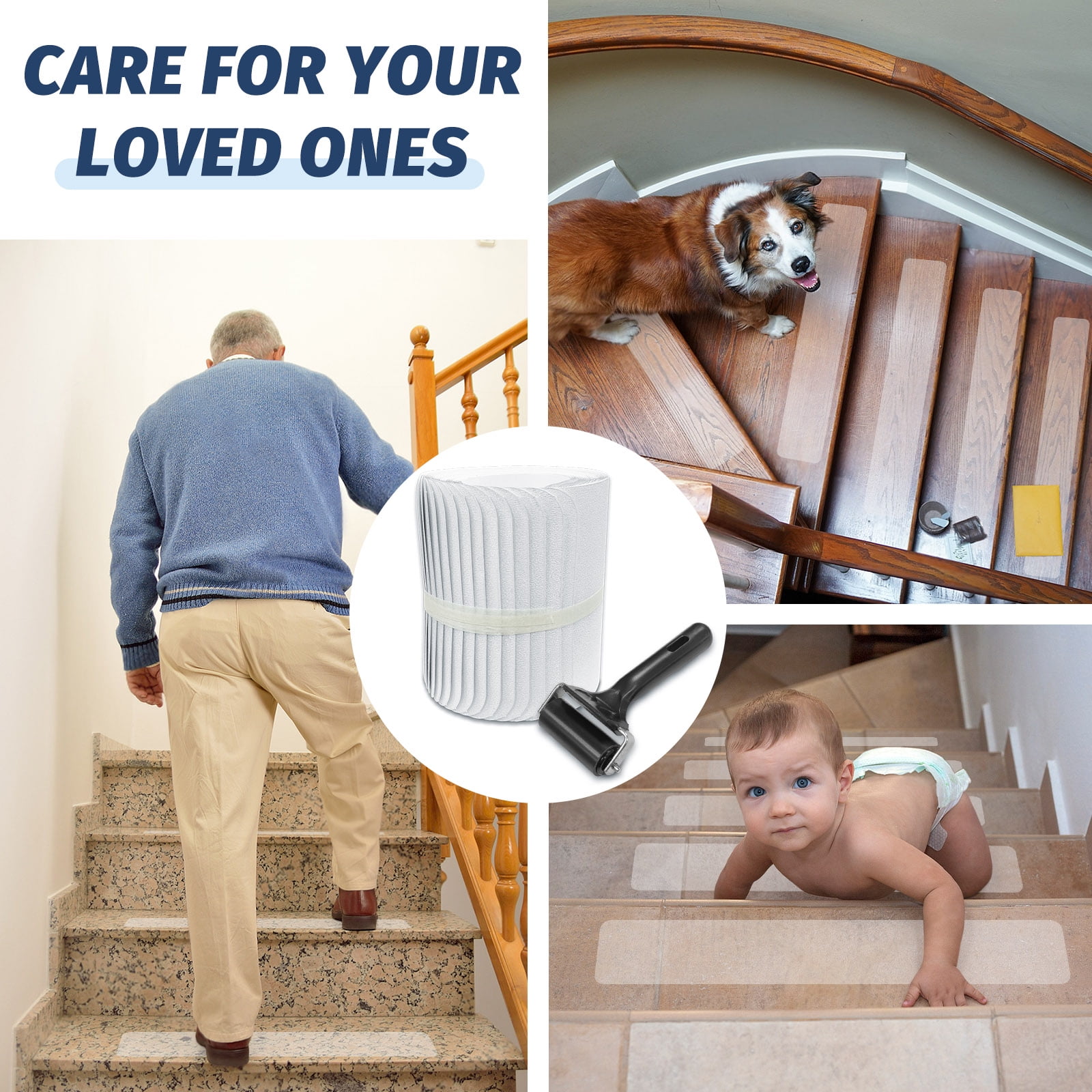 15 Packs Clear Adhesive Stair Treads Non Slip with Roller, 5.9" x 24" Pre-cut Transparent Grip Tape for Stairs, Waterproof Anti Slip Stair Strips Staircase Step Treads for Wooden Floor Indoor