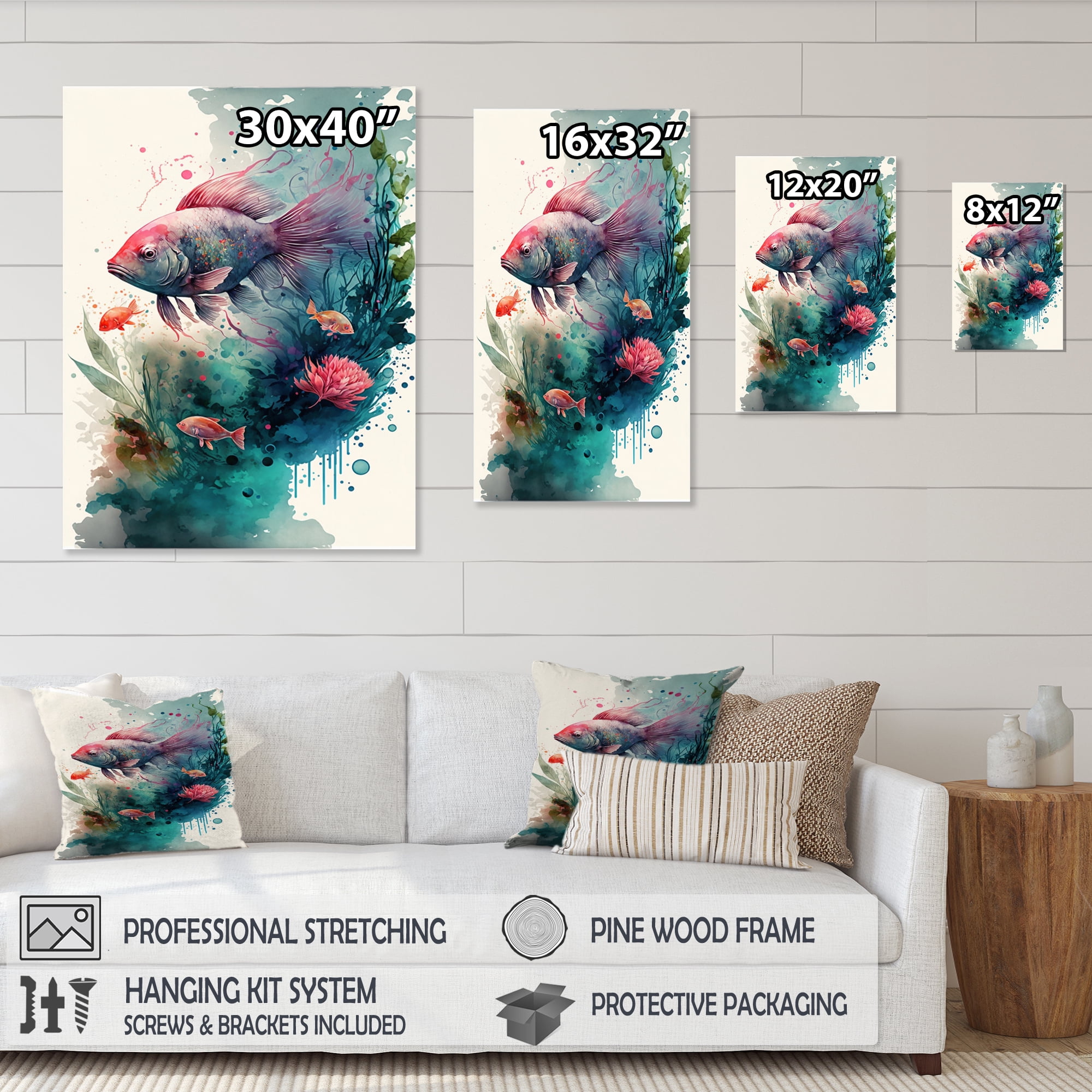 Designart Cute Fish Floral Art I Canvas Wall Art