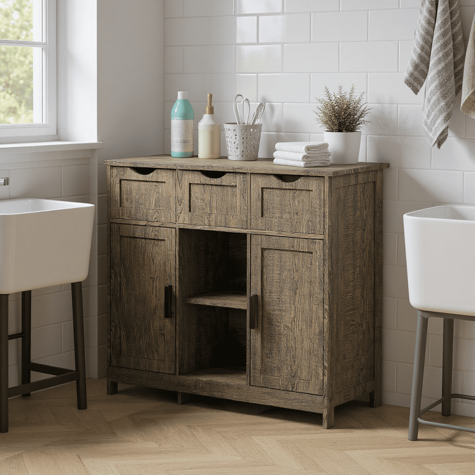 Homy Casa Storage Cabinet with 2 Doors and 3 Drawers, Adjustable Shelves, Sideboard for Kitchen, Entryway