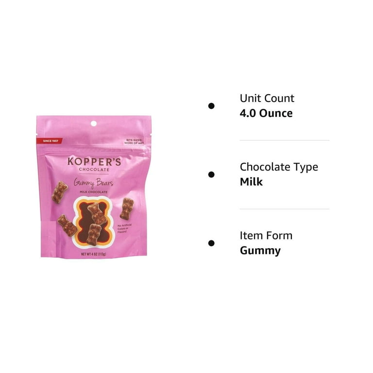 Kopper's Chocolate Milk Chocolate Covered Gummy Bears - No Artificial Colors or Flavors - 4 Oz Pouch