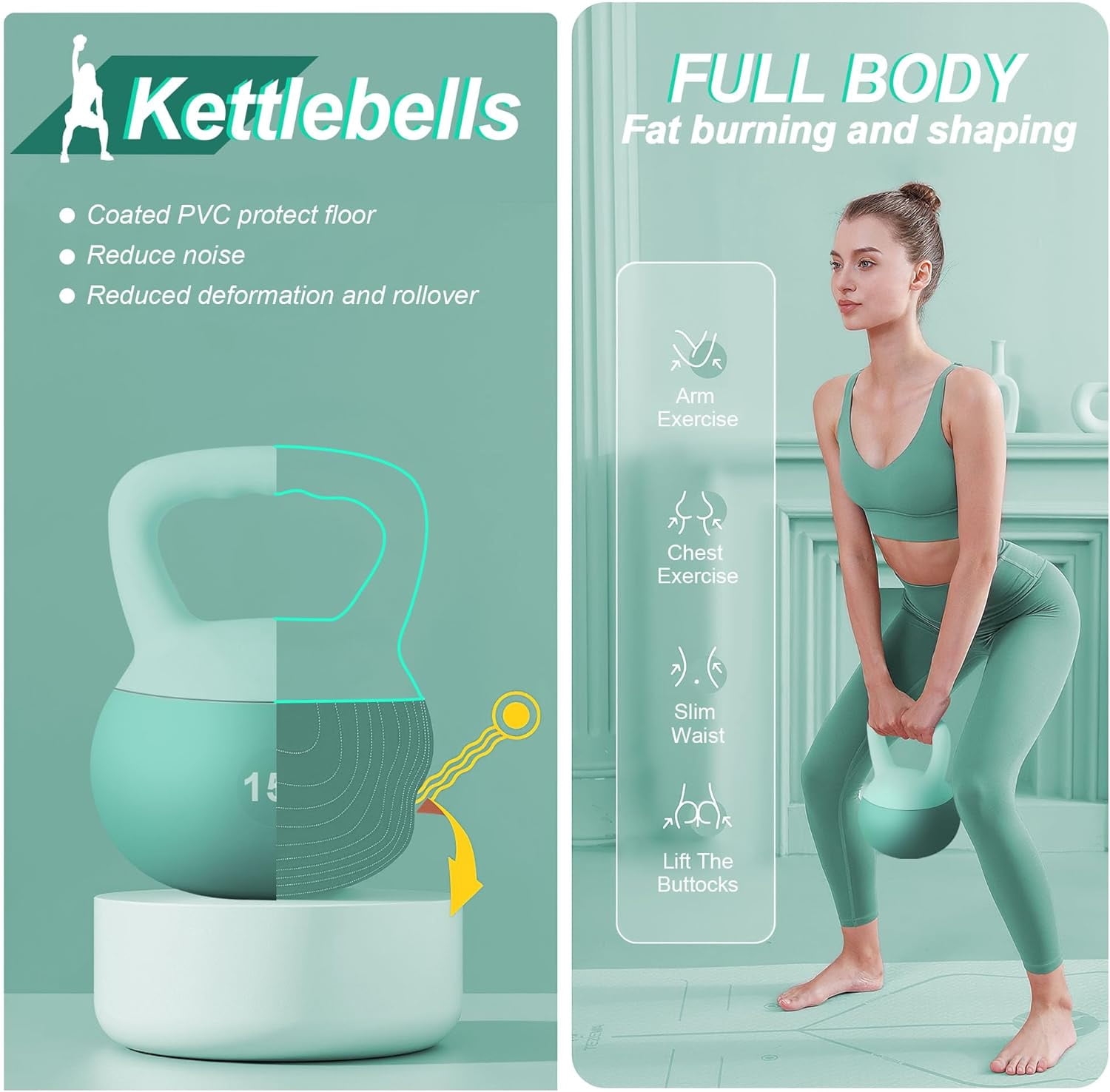 Soges Soft Kettlebells,Iron Sand Filled Weights Strength Training Kettlebells,Shock-Proof Weights and Wide-Grip Handle,Fitness Soft Kettlebells for Women Men,Home Gym Kettlebells,Green,15LBS