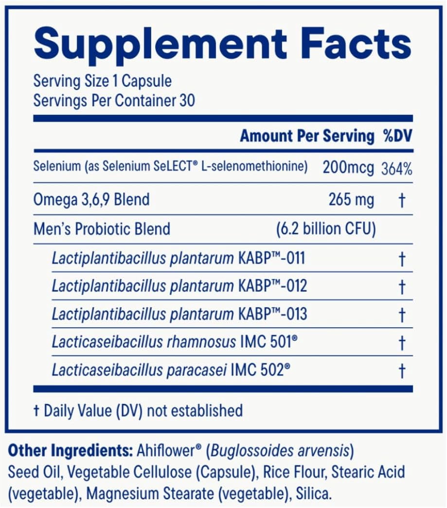 Daily Nouri Men’s Complete Probiotic | Supports Digestion, Immunity, Colon Health, Cardiovascular Function, Cholesterol | 5 Clinically Studied Strains + Selenium & Omega