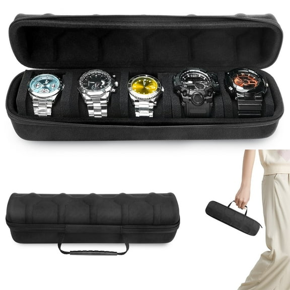EEEkit Travel Watch Organizer Box with Handle, Portable Watch Storage Case for Men and Women, 5 Slots