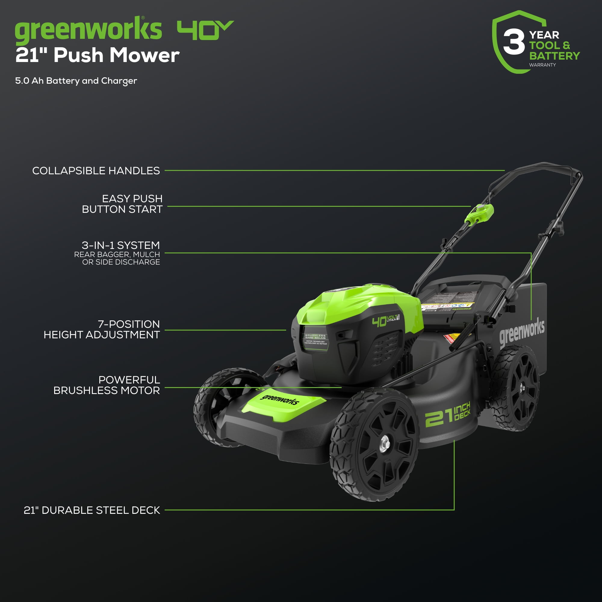 Greenworks 40V 21" Brushless Walk Behind Push Lawn Mower with 5Ah Battery and Charger 2515502