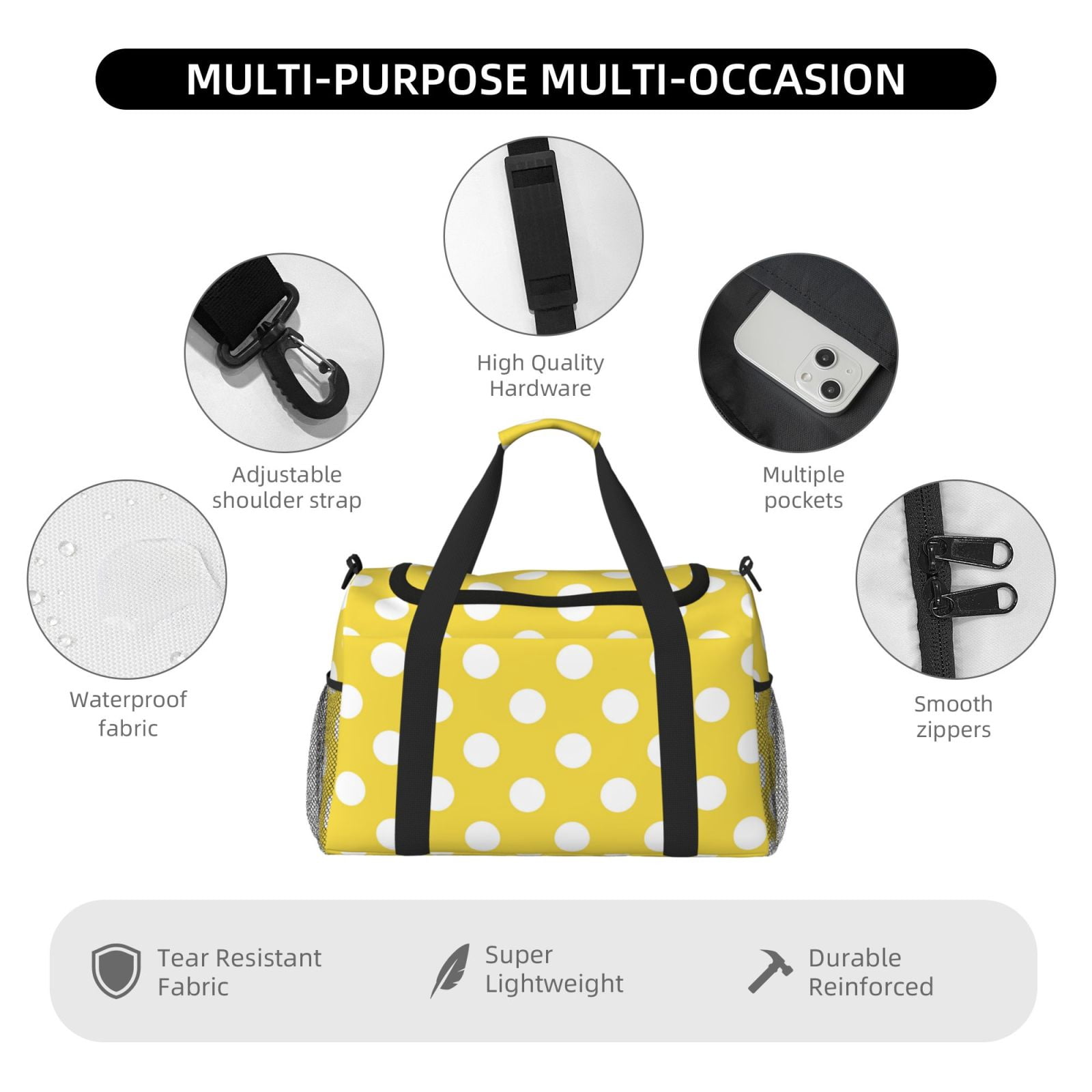 Defioc Yellow And White Polka Dot Print Hand Travel Bag - Foldable Travel Duffel Bags for Men Women -Sport Gym Bag - Overnight Travel Duffel Bag - Adjustable Shoulder Strap