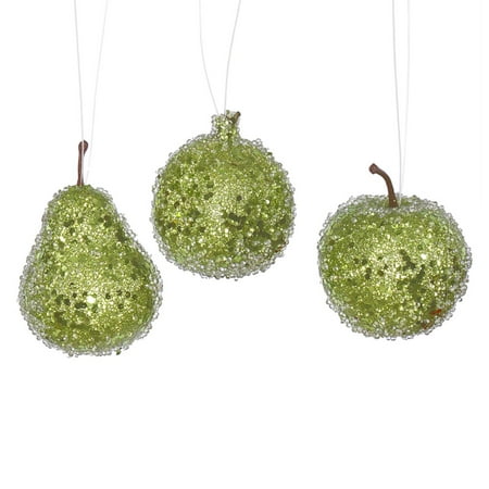 3ct Lime Green Beaded, Sequin And Glitter Pear, Apple And 3ct Lime Green Beaded, Sequin and Glitter Pear, Apple and Pomegranate Fruit Christmas Ornaments - 3ct Lime Green Beaded, Sequin And Glitter Pear, Apple And