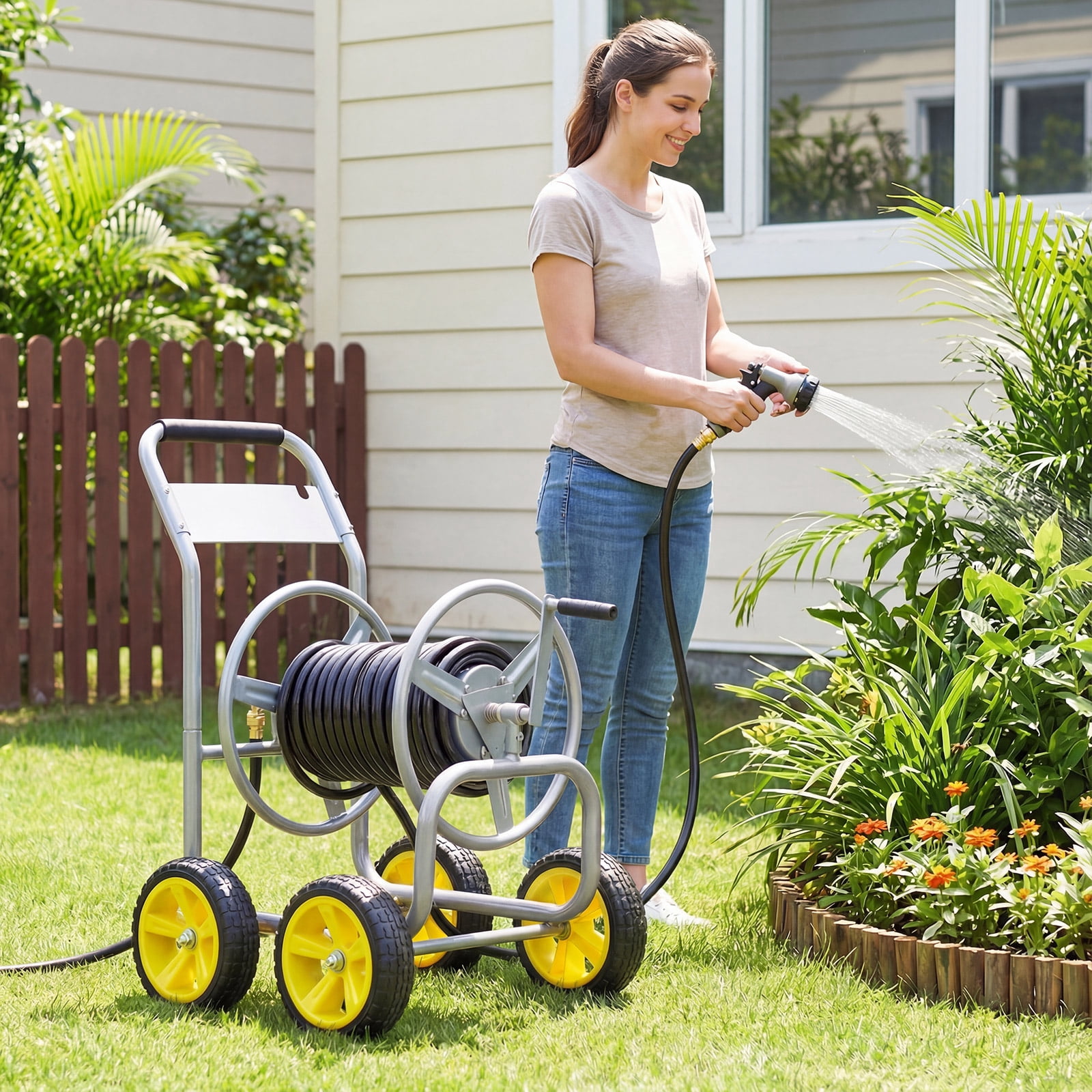 Costway Garden Hose Reel Cart 4 Wheels, 330 ft 5/8” Large Capacity for Outside Yard Lawn Silver