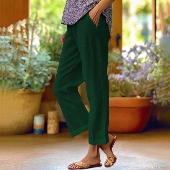 SAHFX Casual Linen Pants for Women Capris Trousers Elastic Waist Trousers with Pockets Long Pant Womens Slacks Straight Leg Pants High Waisted Drawstring Pant Summer Capris Pants Boho Travel Pant