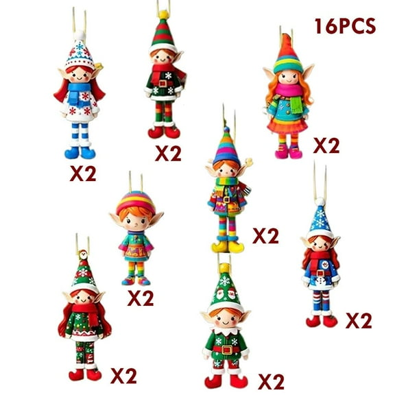 8/16 Pcs Christmas Decorations Wooden Elf Ornaments -2D Flat Vintage Hand Painted Elf Decorations for Tree, Cute Shelf Ornaments for Xmas Holiday Home Indoor Decor