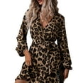 thumbnail image 4 of Leopard Glitter Dress Cheetah Ruffle Belted V Neck A Line Long Sleeve Elegant Casual Dress Brown S, 4 of 9