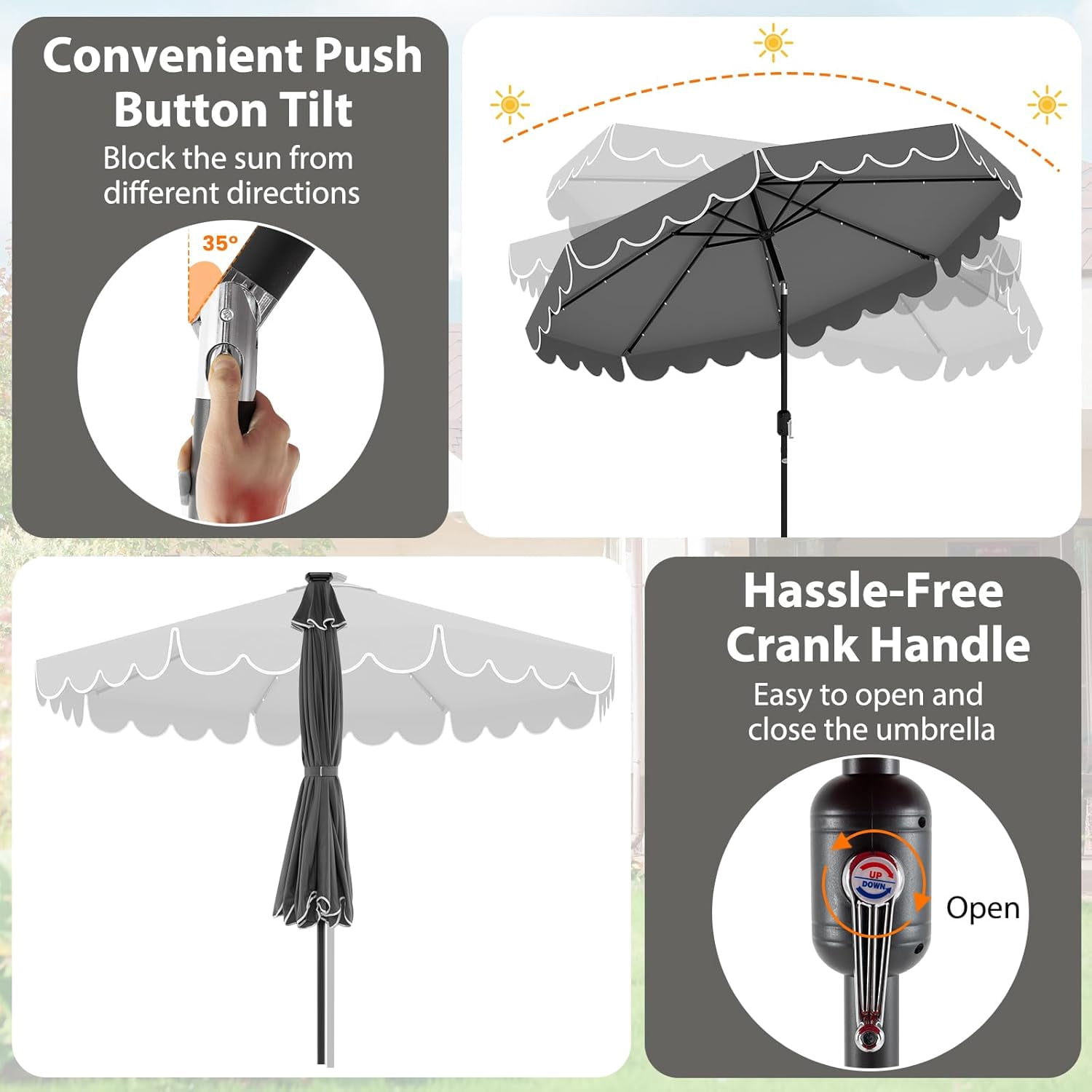 ZYPPP 10FT Solar LED Patio Umbrella, 2-Tiers Scalloped Outdoor Table Market Umbrella with 24 LED Lights, Vented Top, Tilt Adjustment, Crank, 8 Ribs for Backyard Poolside Deck Beach Lawn (Gray)