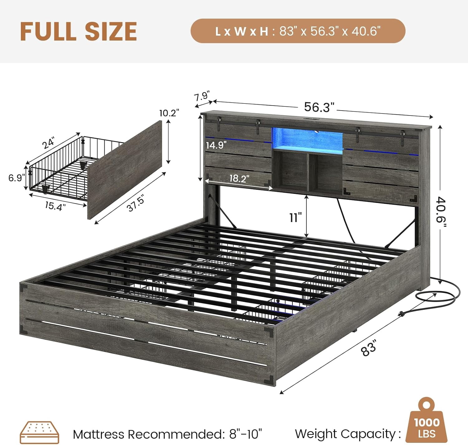 Wooden Bed Frame Full Size with Bookcase Headboard and Sliding Barn Door, Farmhouse Bed Frame Full Size with Charging Station, LED Lights and 4 Storage Drawers, No Box Spring Needed, Grey