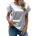 thumbnail image 2 of Women's Summer Dressy Casual Short Sleeve Shirts Crewneck Silk Satin Business Office Work Blouse Tops Fashion Tshirts S-2XL, 2 of 6