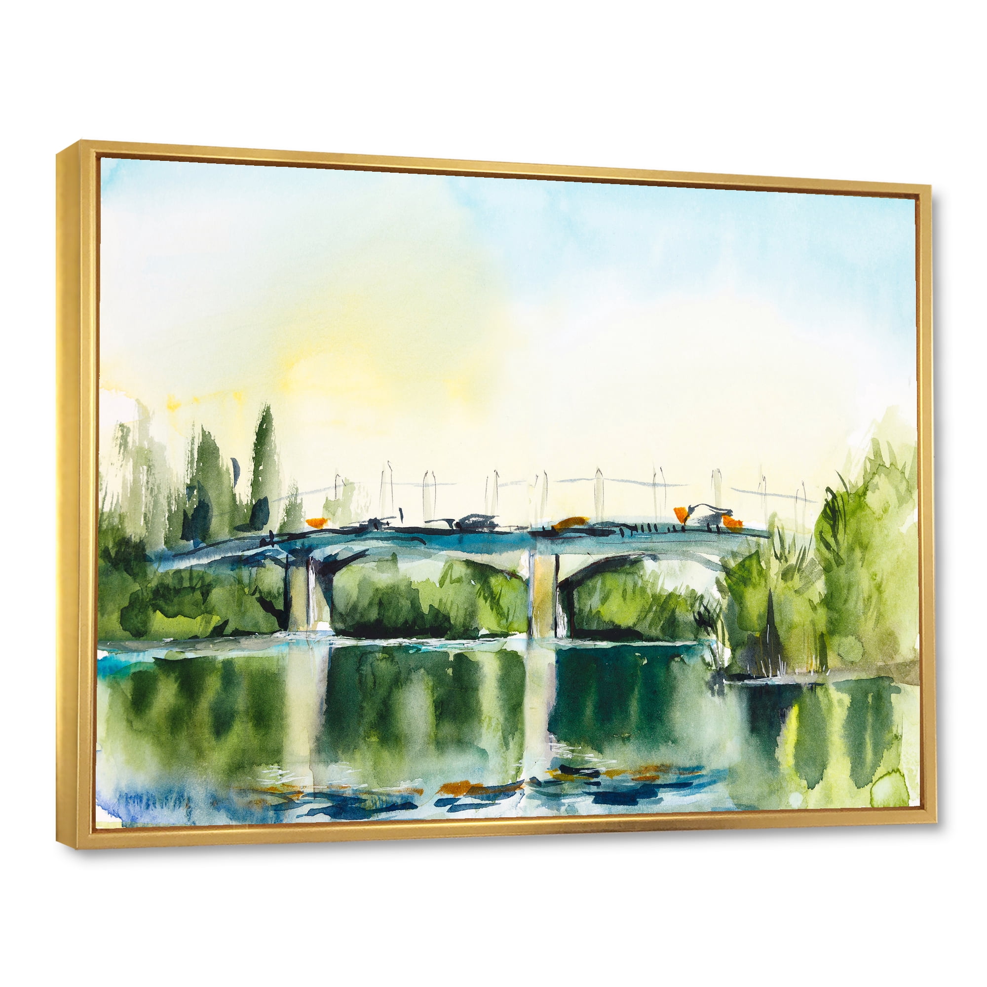Designart 'Landscape With Old Bridge Over River In The Countryside' Traditional Framed Canvas Wall Art Print