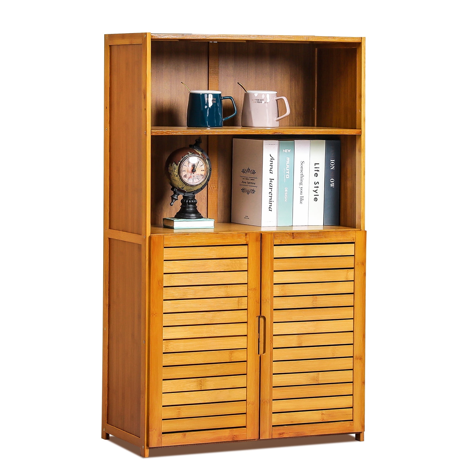 MoNiBloom Bamboo 4 Tiers Bookshelf with Door, Books Toys Display Modern