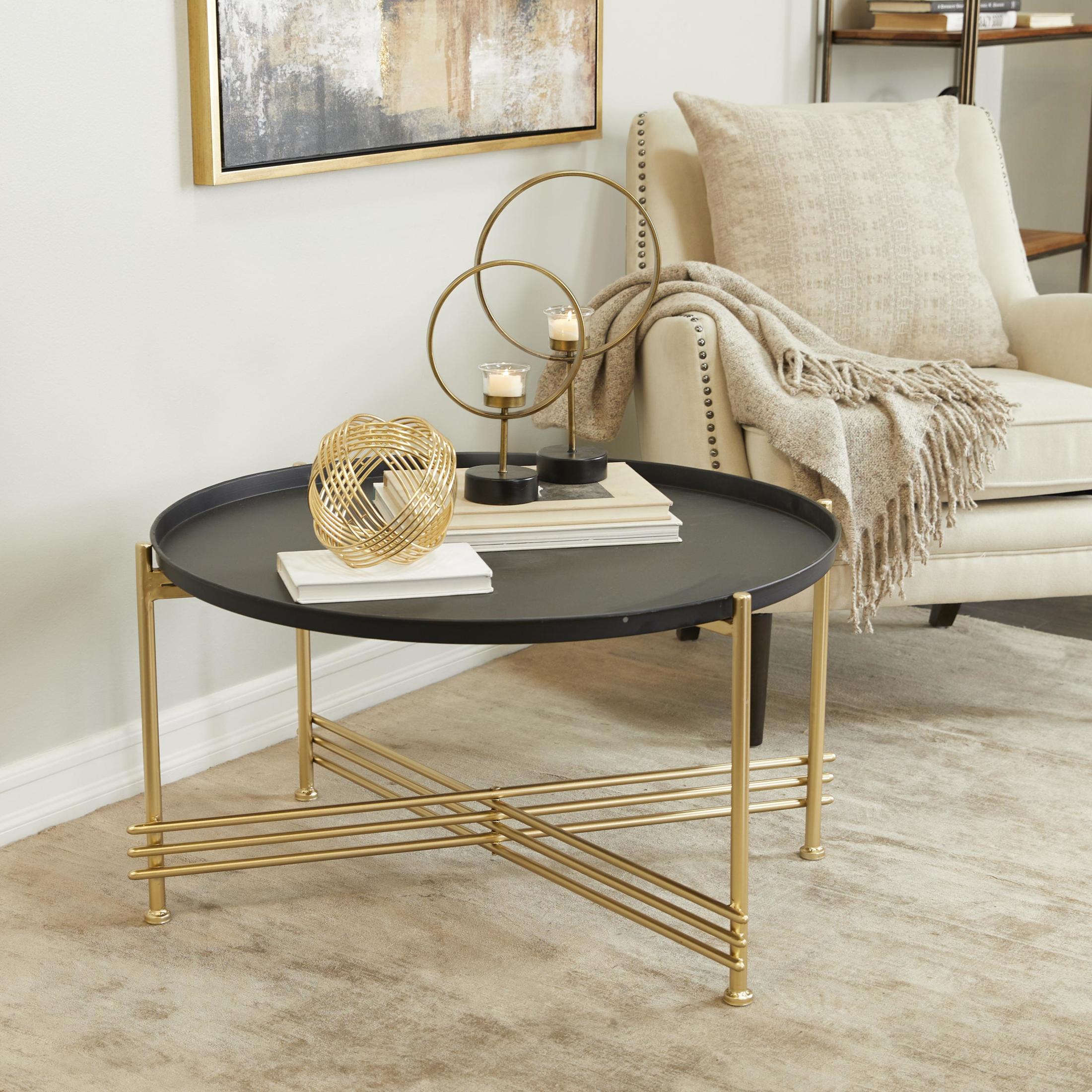 DecMode 33" x 19" Black Metal Tray Top Coffee Table with Gold X-Shaped Base, 1-Piece