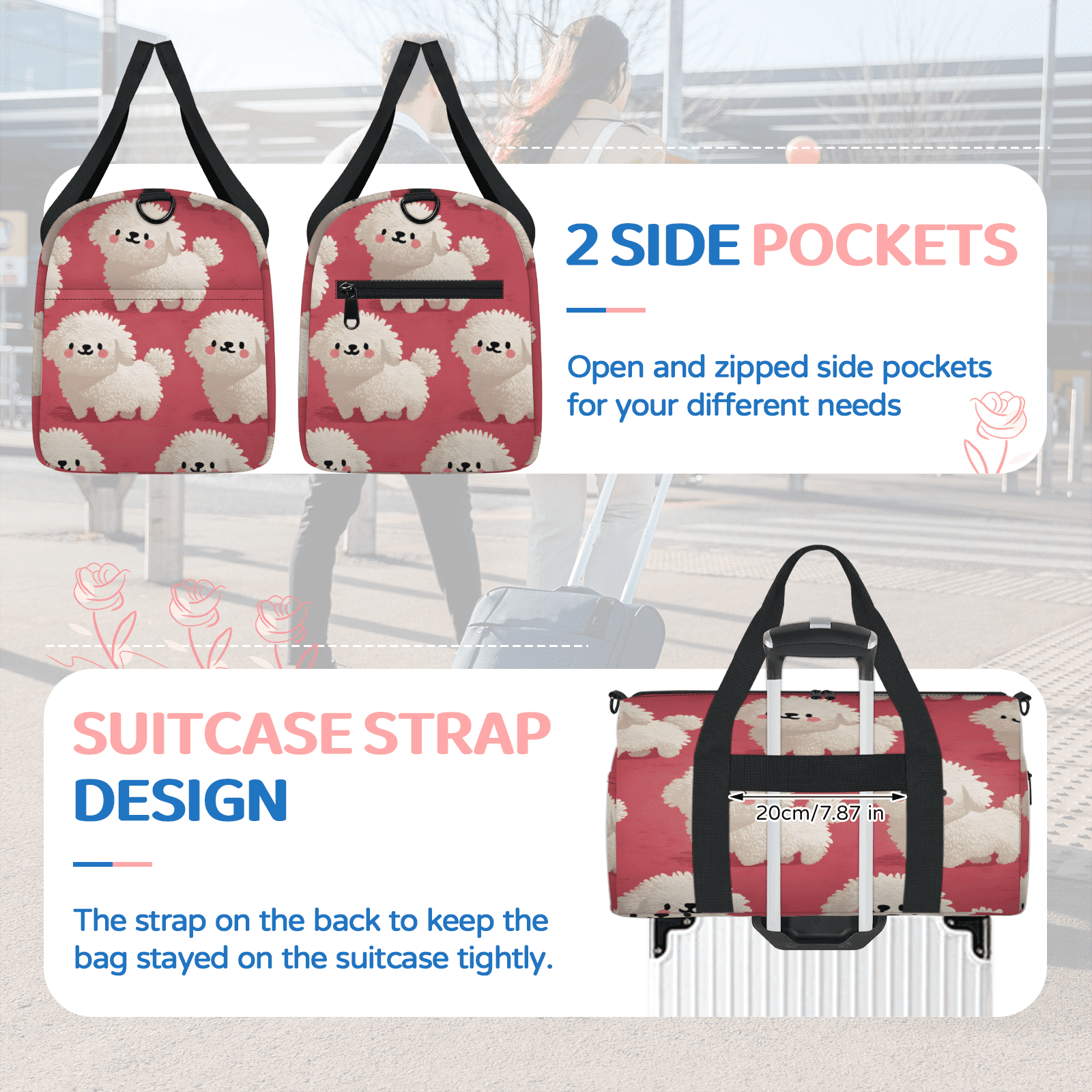 Herdesigns Cute Dog Gym Bag for Women, Duffle Bag for Travel Sport, White Puppy Lightweight Waterproof Carry on Weekender Dance Yoga Workout Bags