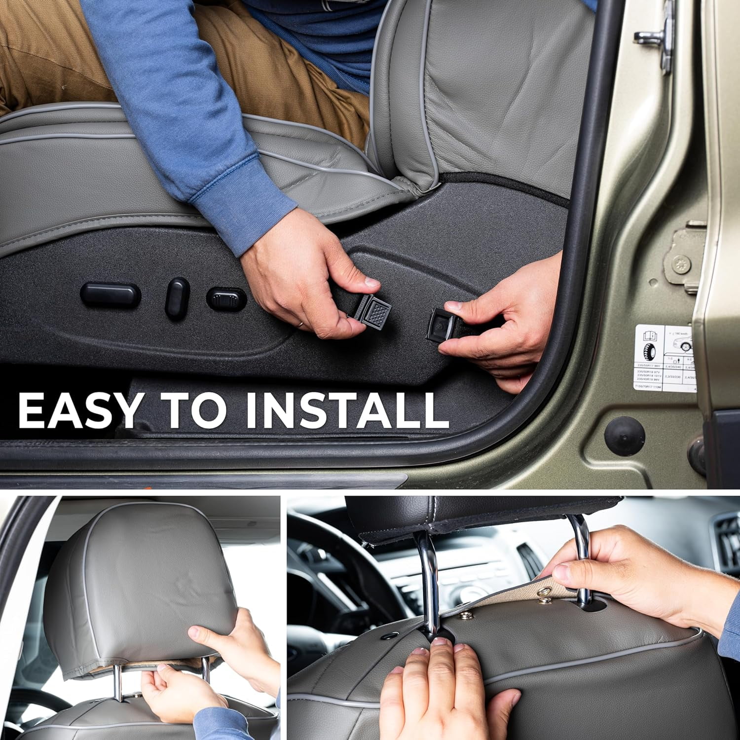 Zone Tech Full Set of 5 Car Seat Covers for Cars, Waterproof Leather Car Seat Protectors Full Set, Universal Auto Interior Fit for Most Sedans SUV Pick-up Truck GRAY
