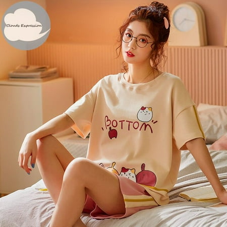 

QWZNDZGR Summer Cartoon Cotton Pajamas Sets Women Pyjamas Women s Sleepwear Night suits Pijama Mujer Home Wear Women size M-2XL Nightwear