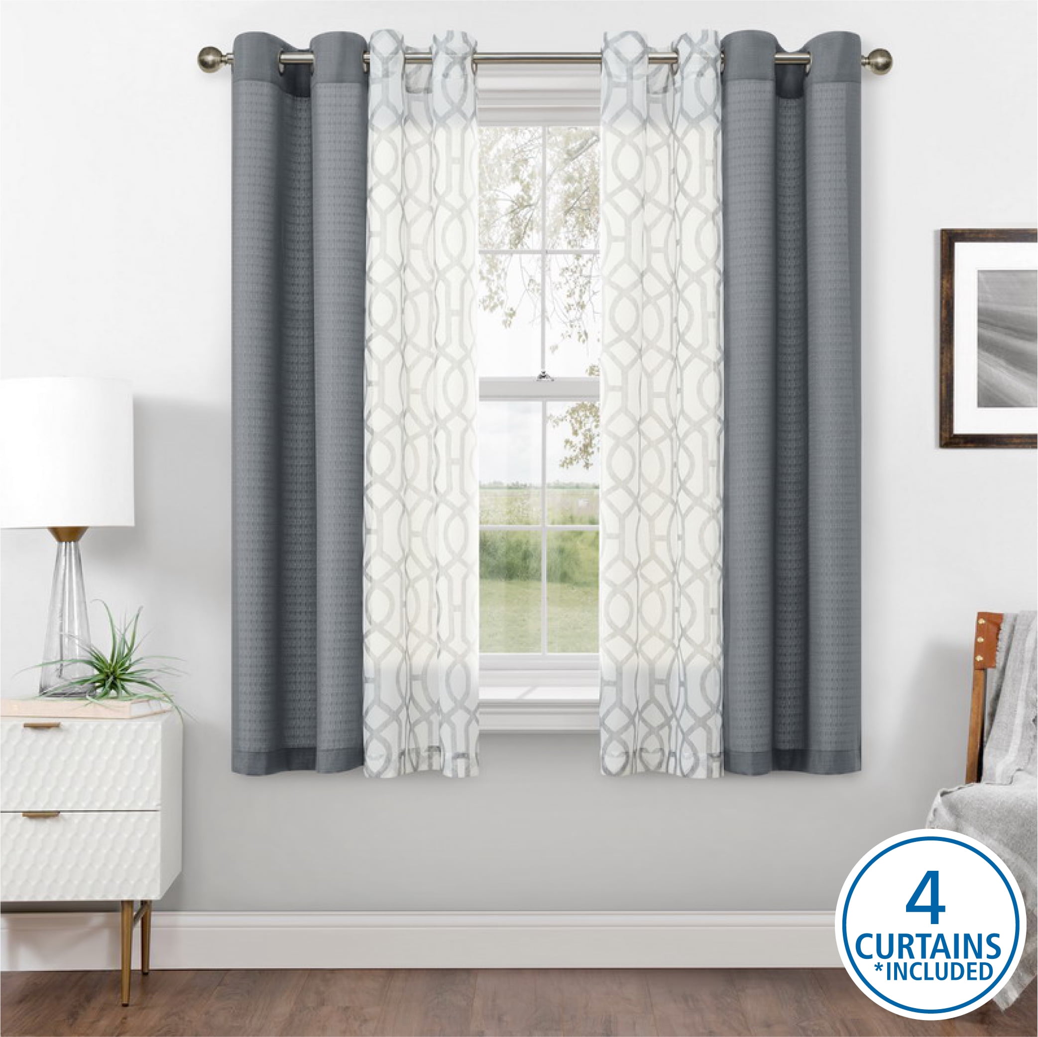(2 pack) Mainstays Kingswood Solid and Printed Sheer Grommet Curtain Panel Set, 4 Piece, Gray Flannel, 27.5" W x 63" L