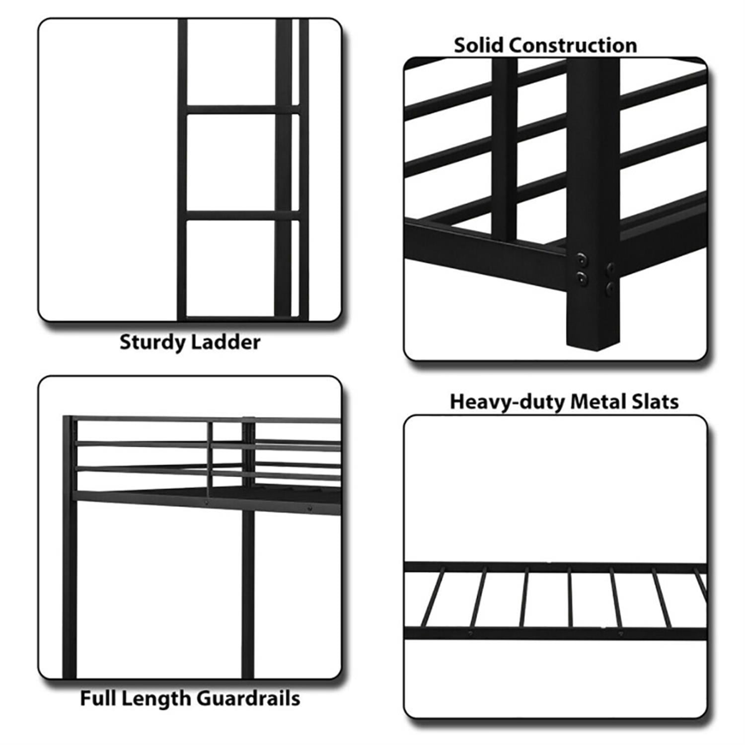 Demi Bonn Twin Over Twin Bunk Bed with Safety Guard Rails and Side Ladder, Twin Bunk Beds, Sturdy Metal Bed Frame No Box Spring Needed, Black