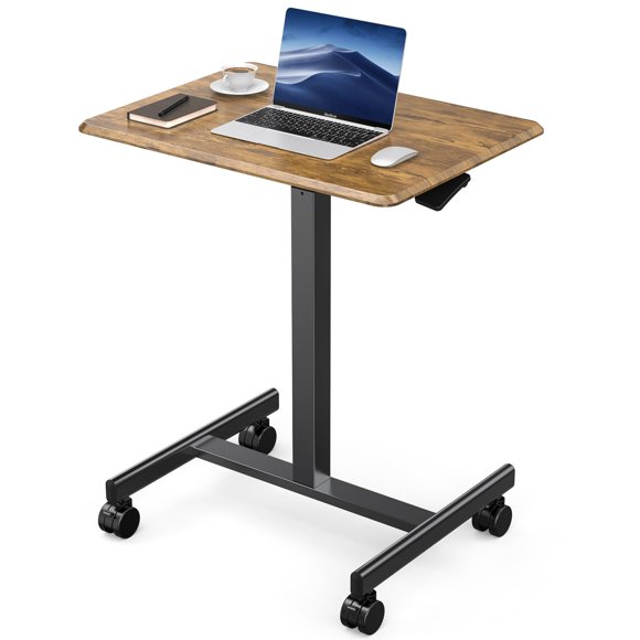 DUMOS Standing Height, Mobile Portable Rolling Laptop Wheels Small Adjustable Desk for Home Office, 19in, Brown