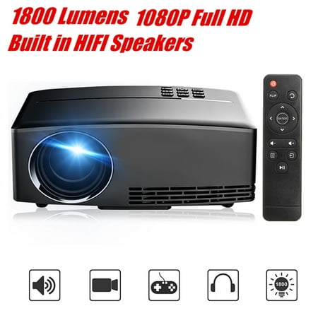 1800 Lumens LCD Mini Projector Multimedia Home Theater Cinema Video Projector Built in HIFI Spea kers 1080P Full HD USB VGA AV for TV Laptop Game iPhone Android