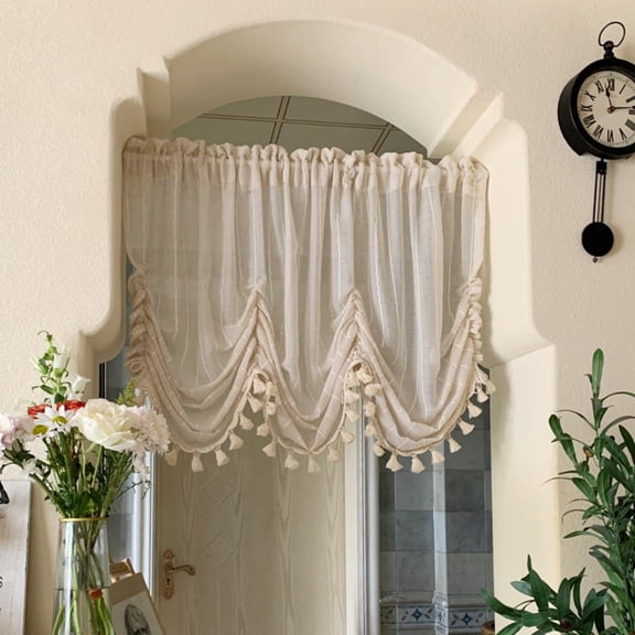 Linen Balloon Kitchen Curtain Tie Up Sheer Curtain Tiers for Cafe Windows Rod Pocket Light Filtering Voile Window Valance for Bedroom Living Room