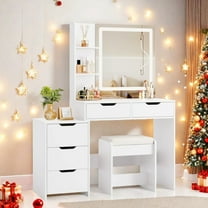Vanity Desk with Mirror & Lights, Lofka Makeup Vanity with LED Lights, 5 Sliding Drawers, White Vanity Set with Stool 3 Lighting Modes Adjustable Brightness