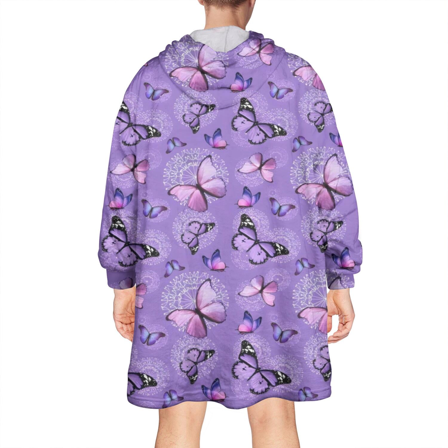 Purple Butterfly Pattern Wearable Oversized Blanket,Wearable Blanket Hoodie for Adults,Cozy Hooded Blankets with Super Pockets,Super Warm Fuzzy Pullover for Women & Men