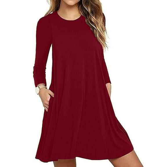 Idoravan Women's Dress Clearance Summer Fashion Women Sexy Casual Solid Dress O-Neck Long Sleeve Loose Mini Dress