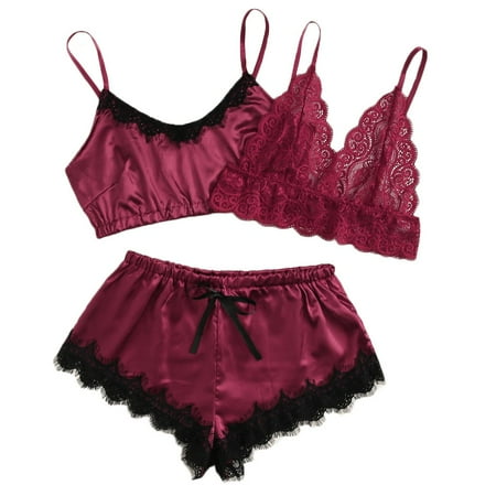 

CALAFEBILA 2023 Merry Christmas 3pc Women Lace Bra Stain Silk Camisole Pajamas Sleepwear Shorts Lingerie Set Unisex