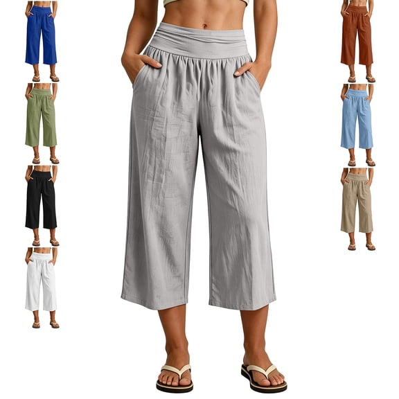 MLCDZ Cotton Linen Capri Pants for Women Plus Size Loose Wide Leg Gaucho Pants Elastic Hight Waist Flowy Dressy Trouser with Pockets