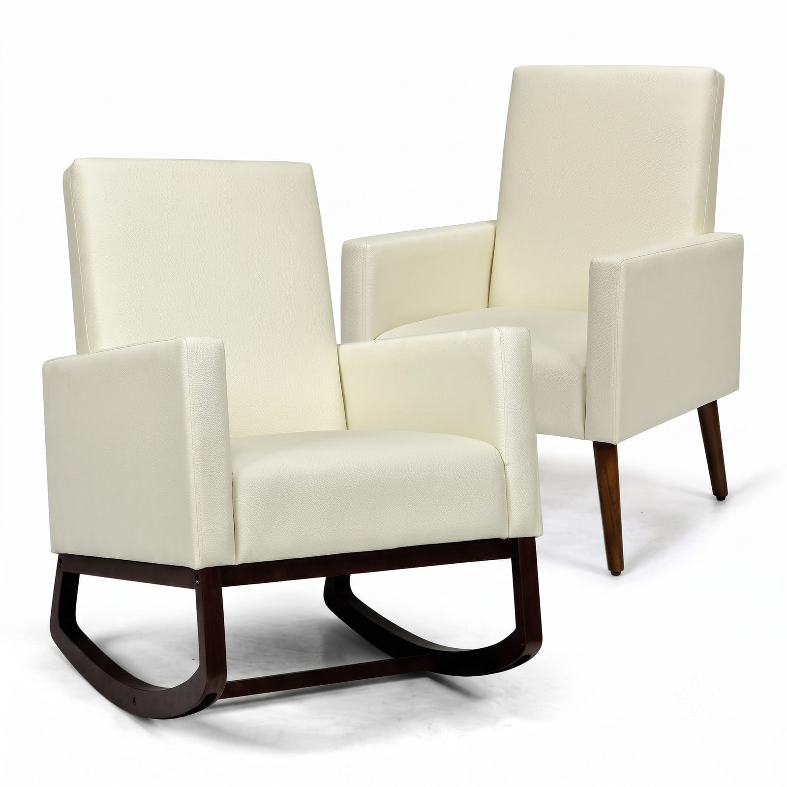 Furnibear 2-in-1 Upholstered Rocking Chair, Linen Fabric Nursery Glider Accent Armchair with Removable Pillow, Convertible Rocker to Stationary Chair, Solid, Beige