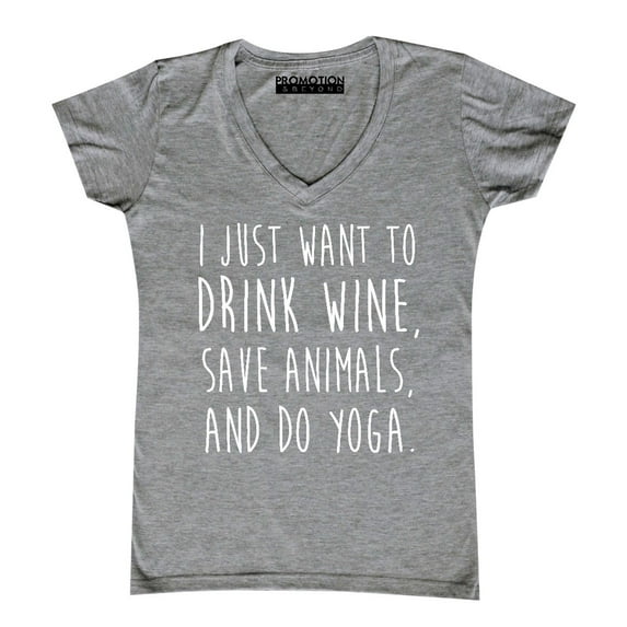 P&B I Just want to Drink Wine, Save Animals, & do Yoga Women's V-neck, Heather Gray, L