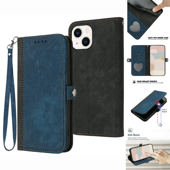 ELEHOLD for iPhone 14 Plus Wallet Case with Detachable Wrist Strap Handbag, Luxury PU Leather Flip Soft TPU Built-in Magnetic Card Slots Kickstand Function Shockproof Protective Cover Case,Blue