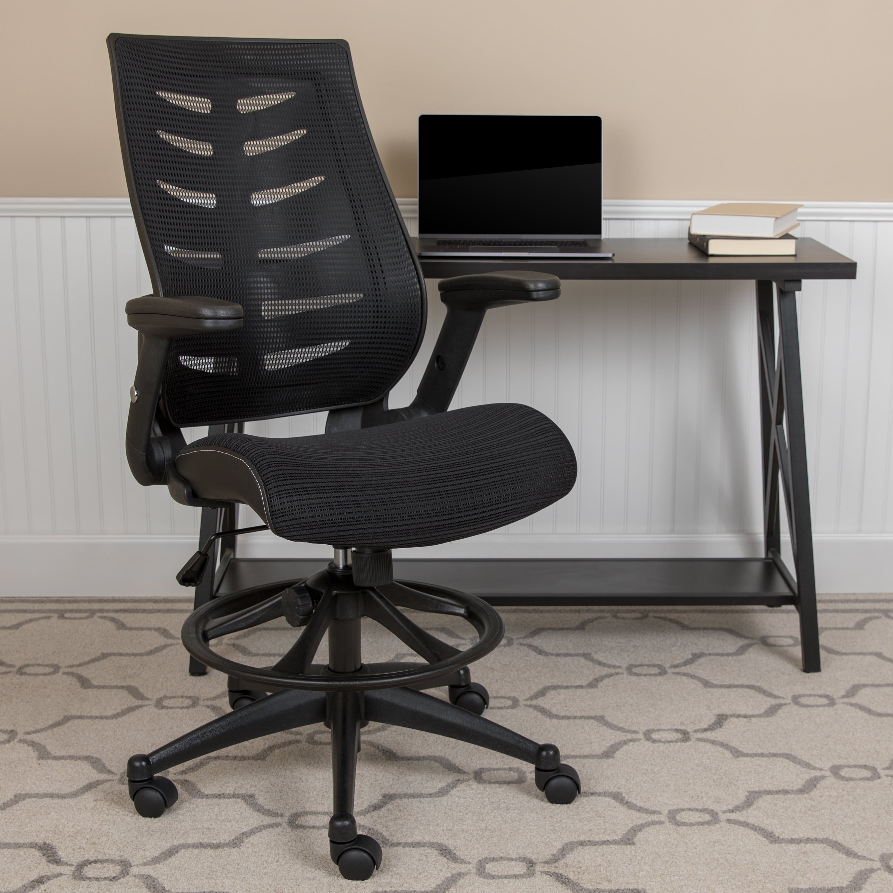 EMMA OLIVER Mid-Back Black Mesh Ergonomic Drafting Chair with Foot Ring and Flip-Up Arms 
