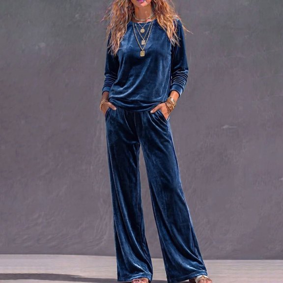 Holzkary Velour Tracksuit Womens Fall Winter Oversized Crewneck Sweat Suit for Office Work 2 Piece Joggers Sets for Women Trendy Comfortable Business Set Trip Workout Airport Outfits Blue L