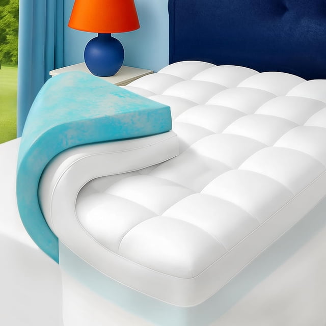 Queen Size Dual Layer 4 Inch Memory Foam Mattress Topper, 2 Inch Cooling Gel Memory Foam and 2 Inch Washable Soft Pillow Top Mattress Pad Cover, 8-24 Inch Deep Pocket, Medium Firm Support