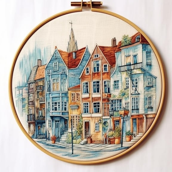 Watercolor Street Building DIY Stamped Cross Stitch Kits for Beginners Easy with Hoop 11CT Needlepoint Embroidery Counted Cross Stitch Kits Art Craft Wall Decor and Gift 35x35cm(2)