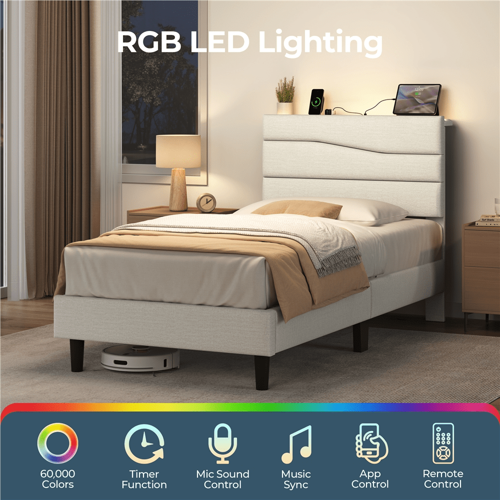 Renwick Twin Upholstered Bed Frame with Charging Station, Beige