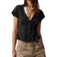 thumbnail image 2 of Women'S Lace Trim V Neck Blouse Short Sleeve Shirred Shirt Tops Summer Vacation Clothes Black S, 2 of 8